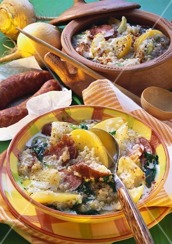 Turnip and barley stew and Polish sausages