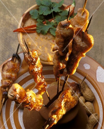 Satay with spicy peanut sauce and chili