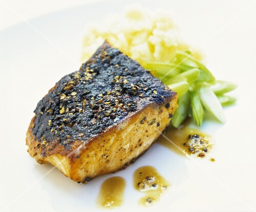 Char-grilled salmon fillet with spring onions & puree