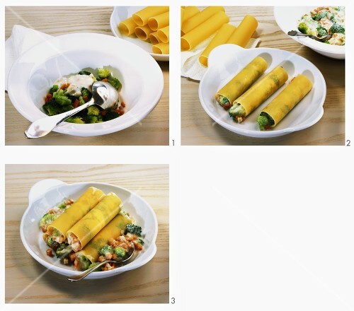Making cannelloni with vegetable filling