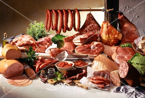 Still life with pork and pork products