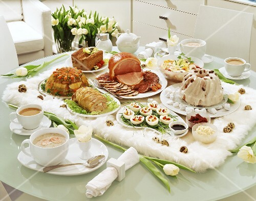 Polish Easter buffet: soup, vegetables in aspic, ham, gugelhupf