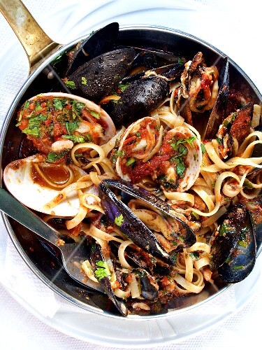 Pasta pugliese (Ribbon pasta in tomato & shellfish sauce, Italy