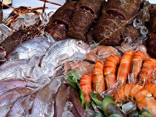 Restaurant display: prawns, salmon, sea bream, langoustes (2)