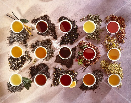 Various types of tea in a small bowl with tea leaves
