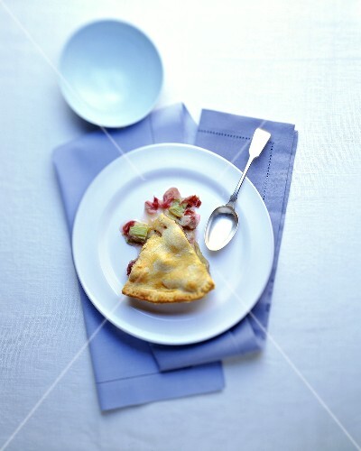 Piece of rhubarb pie on plate with spoon