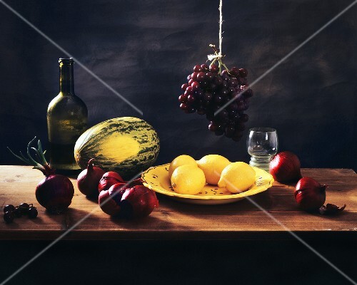 Watermelon, Grapes, Lemons, Onions and Wine