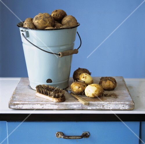 Organic potatoes in bucket and on chopping board; brush; knife