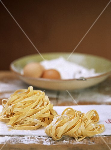 Home-made ribbon pasta and ingredients
