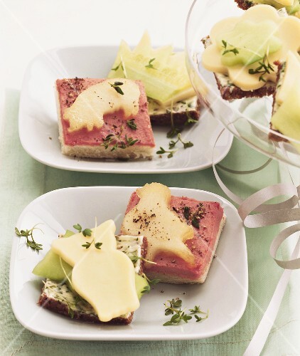 Open sandwiches with good luck symbols for New Year's Eve
