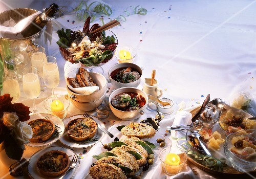 New Year's Eve buffet with appetisers and desserts