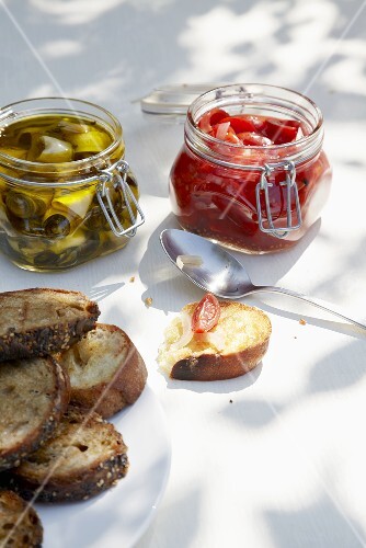 Bottled tomatoes and courgettes with crostini