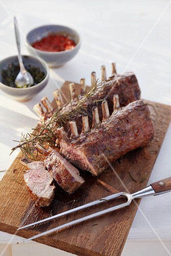 Barbecued racks of lamb with rosemary, salsa rossa and salsaverde