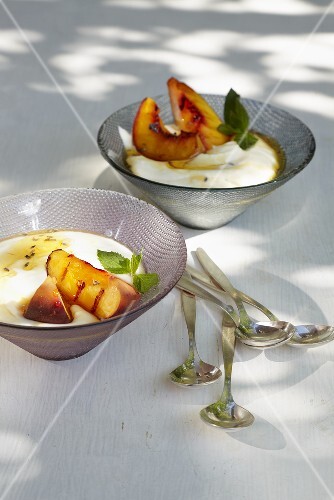 Grilled peach with yoghurt cream and lavender honey