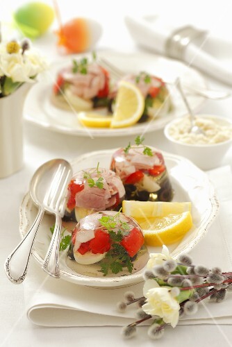 Ham, olives, egg and red pepper in aspic for Easter