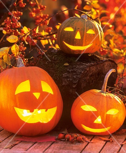 Halloween: Ausgehöhlte Kürbisse mit Kerzenlicht