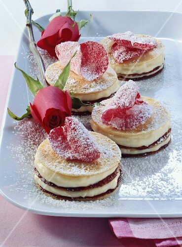 Small Palatschinken (pancake) cakes with rose petals