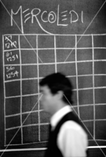 Waiter in front of blackboard