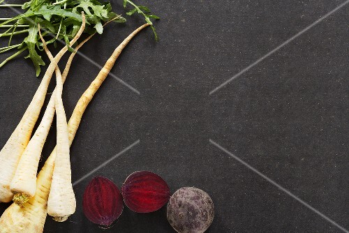 Still life with beetroot, Hamburg parsley and rocket