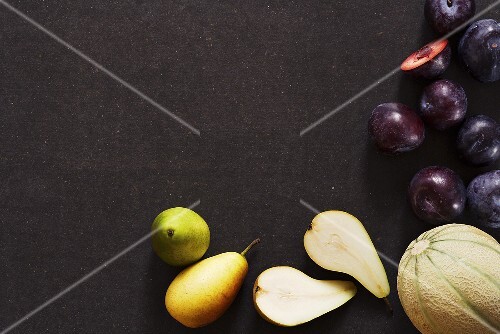 Still life with pears, melon and plums
