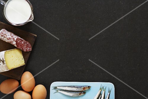 Still life with milk, sausage, cheese, eggs and anchovies