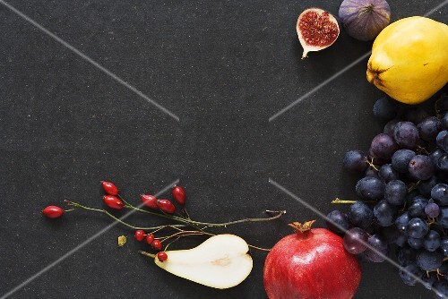 Still life with autumn fruit and branches of rose hips