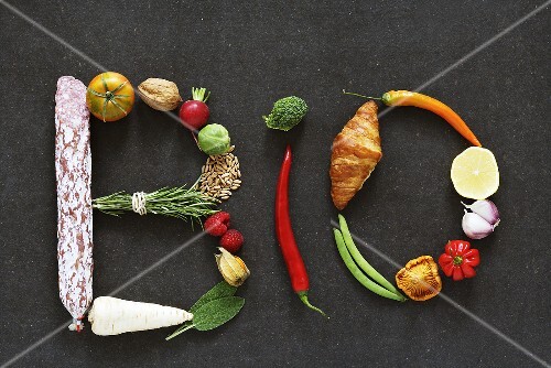The word 'BIO' written in vegetables, fruit, herbs and otherfoodstuffs