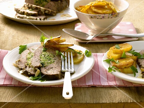Meatloaf with savoy cabbage & almond stuffing & fried potatoes