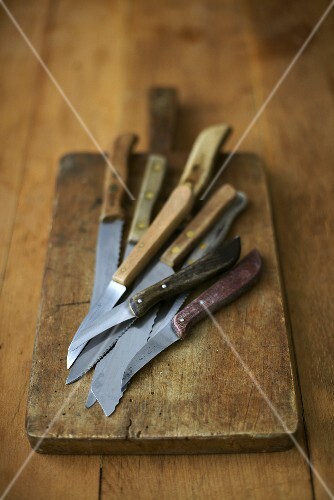 Verschiedene Küchenmesser auf Holzbrett