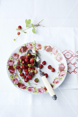Walderdbeeren auf geblümten Teller