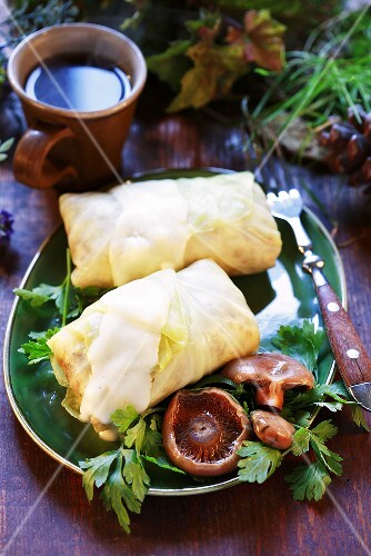 Stuffed cabbage leaves with tawny milkcaps