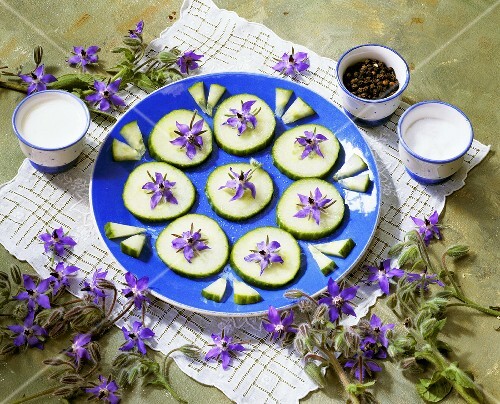 Cucumber slices on a plate with borage flowers