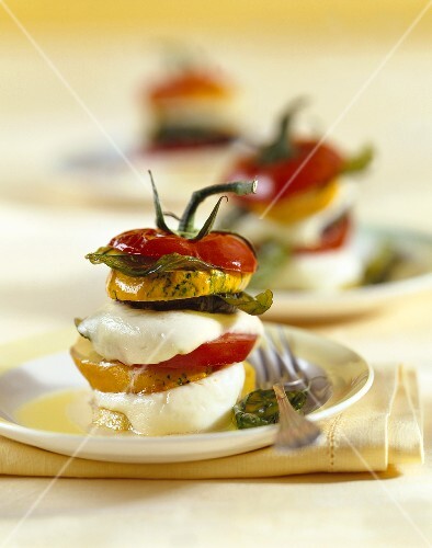 Courgette, tomato and mozzarella tower