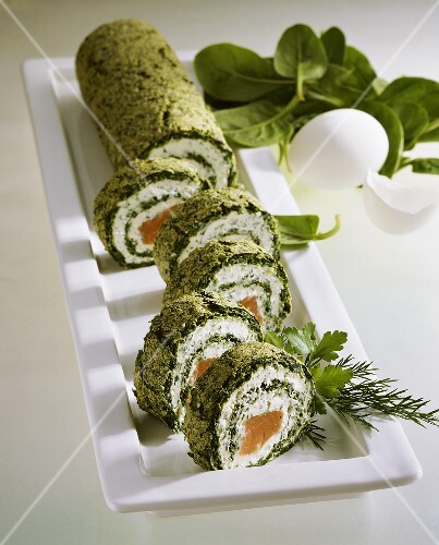 Spinach roulade with soft cheese and salmon filling