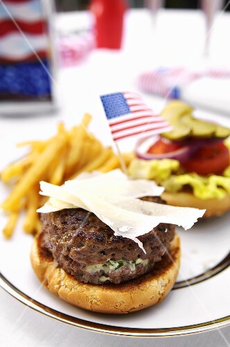 Filled beefburger on bun