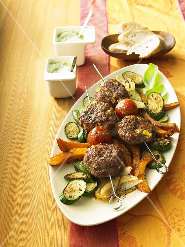 Skewered meat patties on autumn vegetables