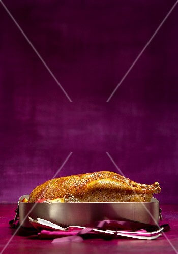 Stuffed goose in roasting tin