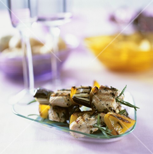 Grilled pork, pepper and aubergine kebabs