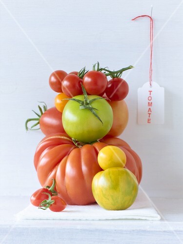 Various types of tomatoes in a pile