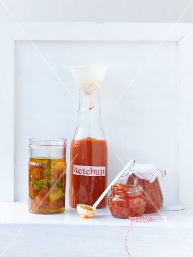 Bottled tomatoes, ketchup and tomato and lemon jam