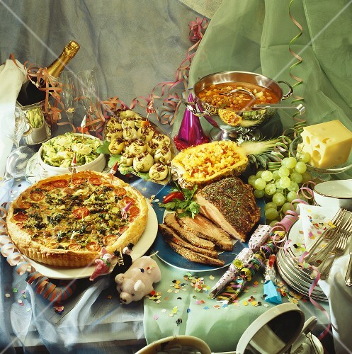 Savoury dishes on buffet for New Year's Eve