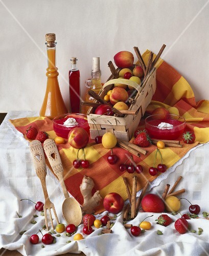 Still life with cherries, apricots and nectarines