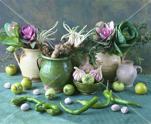 Arrangement of horseradish, garlic, chillies and nutmeg