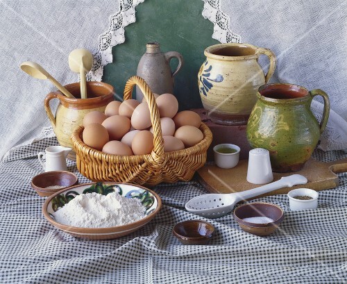 Still life with eggs, flour and salt