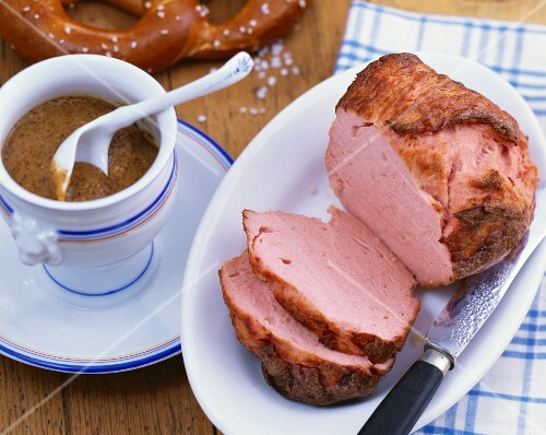 Munich LeberkÃ¤se (type of meatloaf) with sweet mustard