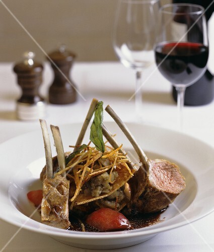 Lamb chops, deep-fried vegetable matchsticks & aubergine puree