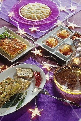 Christmas buffet: terrine, tomato tart, shellfish carpaccio