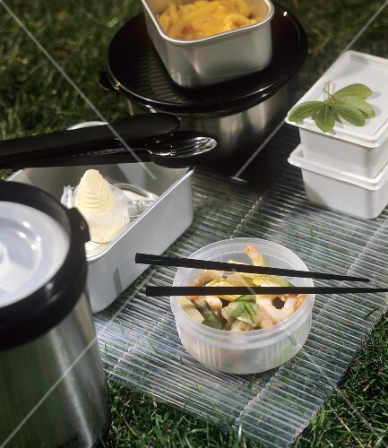 Picnic out of doors with Asian prawn salad