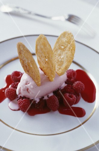Raspberry ice cream on fresh raspberries, decorated with wafers