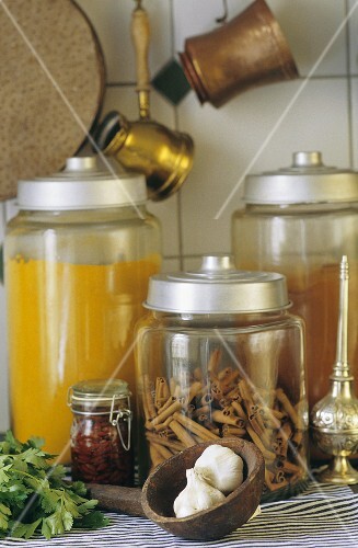 Garlic, parsley and assorted spices in a kitchen